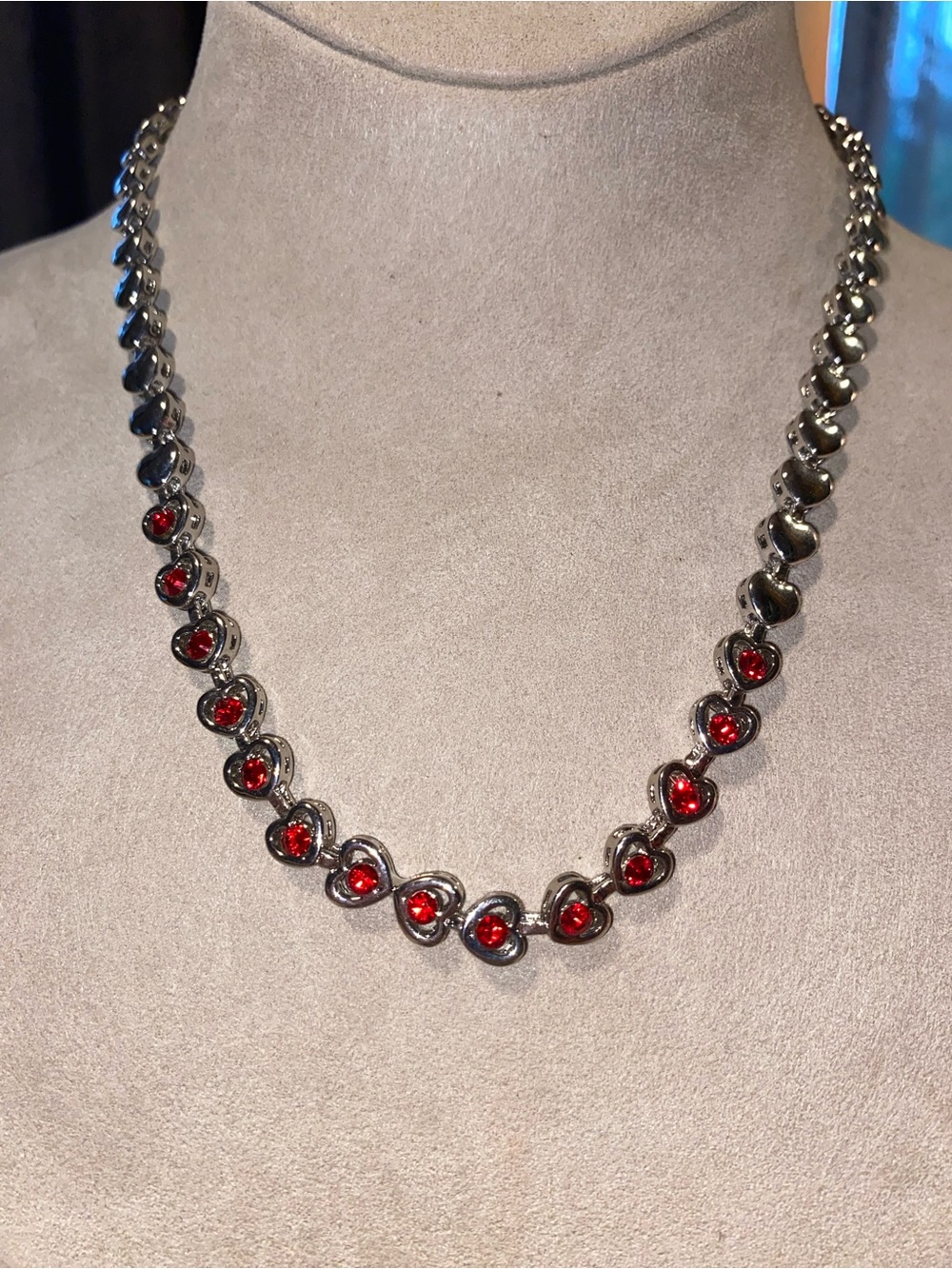 Technibond Silver Heart Link Necklace with Red Crystals